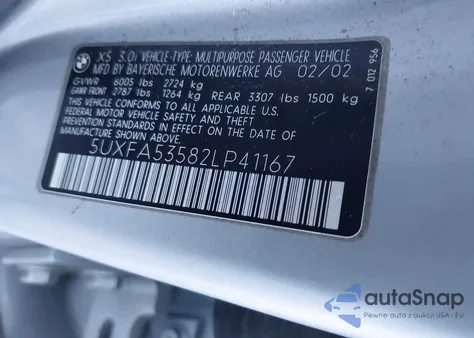 2002 BMW X5 3.0I z USA, uszkodzony, nr VIN 5UXFA53582LP41167